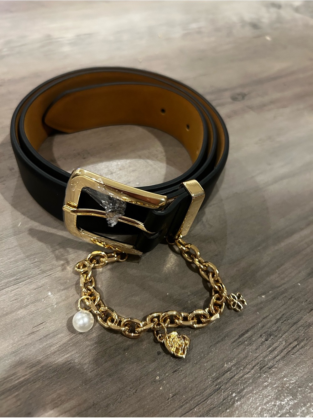 Black Belt for Women Gold Buckle with Chain Decoration